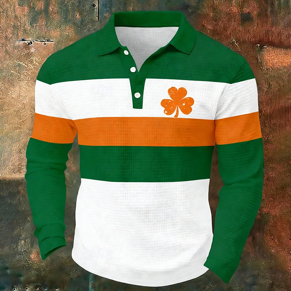 St Patrick's Day Men's Shamrock Waffle Polo Shirts Long Sleeve Polo Shirts Collared Shirts Casual Daily Wear Festival Outfit Buttons Spring Fall Winter Green 2026 - $28.99 –P1