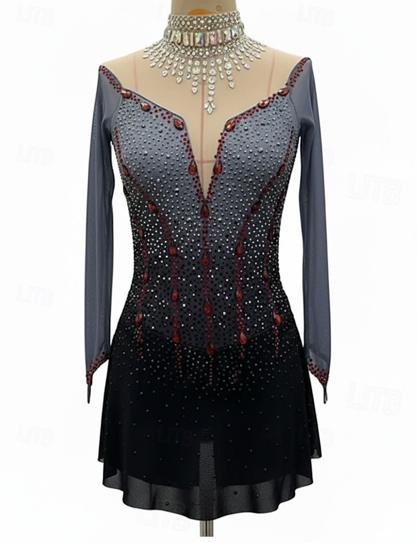 Figure Skating Dress Women's Girls' Ice Skating Dress Black Sliver Patchwork Thumbhole Mesh High Elasticity Training Competition Skating Wear Classic Crystal / Rhinestone Long Sleeve Ice Skating 2026 - $274.99 –P4