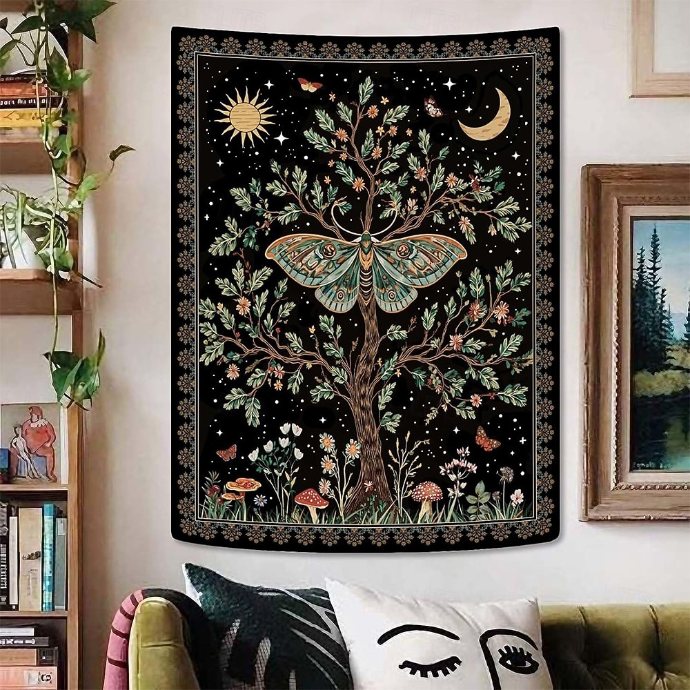 vintage luna moly fali kárpit misztikus természet életfa holdfázisokkal csillagok vadvirág gomba esztétikus dekoráció hálószobába, kollégiumi szobába 2026 - $19.99 –P3