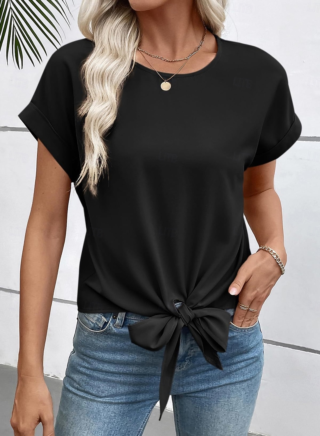 Жен. Блуза Сплошной цвет Элегантный стиль Стиль Классический С короткими рукавами Вырез под горло Обычные топы Повседневные Офис Черный Красный Хаки Бежевый Лето Весна Осень Зима 2026 - $28.99 –P5