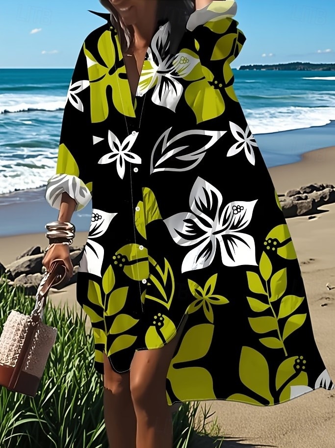 Femmes Robe Midi Robe Chemise Robe Décontractée Robe d'été Élégant Bohème Vacances Plage Coupe régulière Fleuri manche longue Col de chemise Bleu Noir Vert Été Printemps de 2026 ? CAD $70.07 –P2