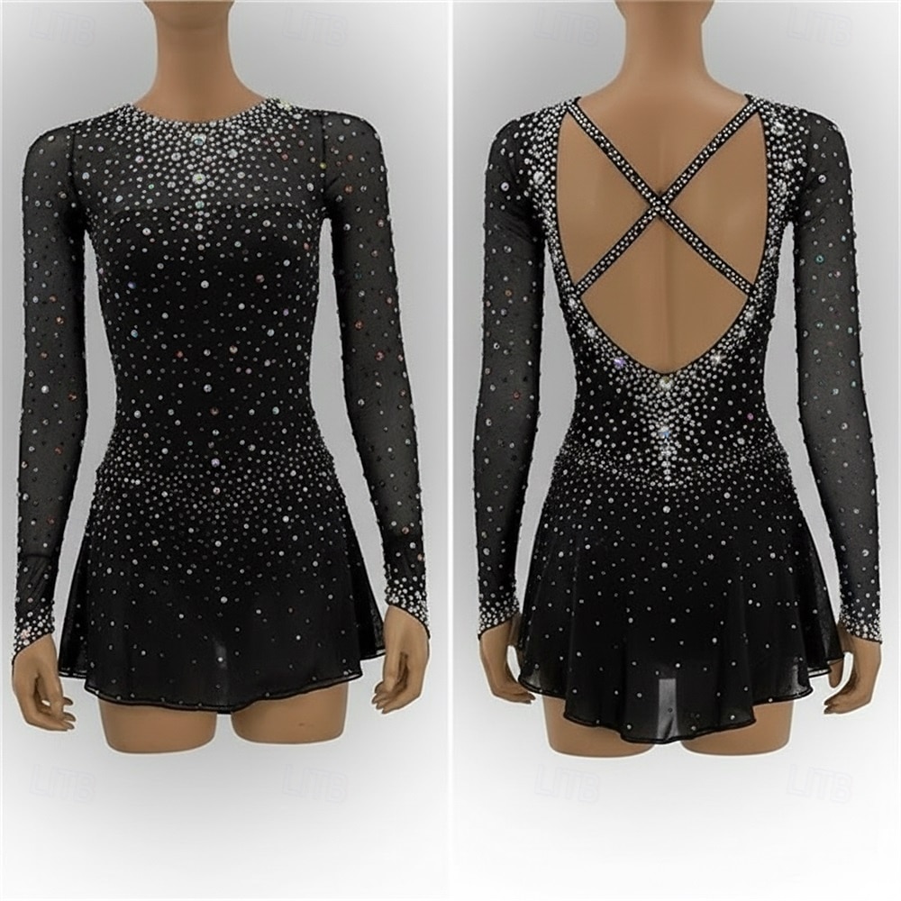Vestido de patinaje artístico Mujer Patinaje Sobre Hielo Vestidos Negro Retazos Espalda Abierta Elástico Entrenamiento Competición Ropa de Patinaje Clásico Cristal / Strass Manga Larga Patinaje sobre 2026 - $266.99 –P1