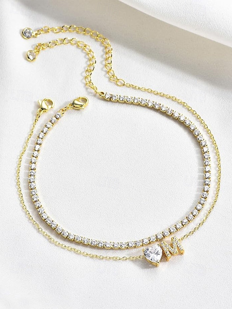 Ankelkjede med initialer til kvinner og hjerteformet cz-anheng, ankelkjede i legering med bokstaver, 26 alfabetalternativer, justerbar kjede, elegante minimalistiske smykker til valentinsdag og morsdagsgaver 2026 - $11.99 –P5