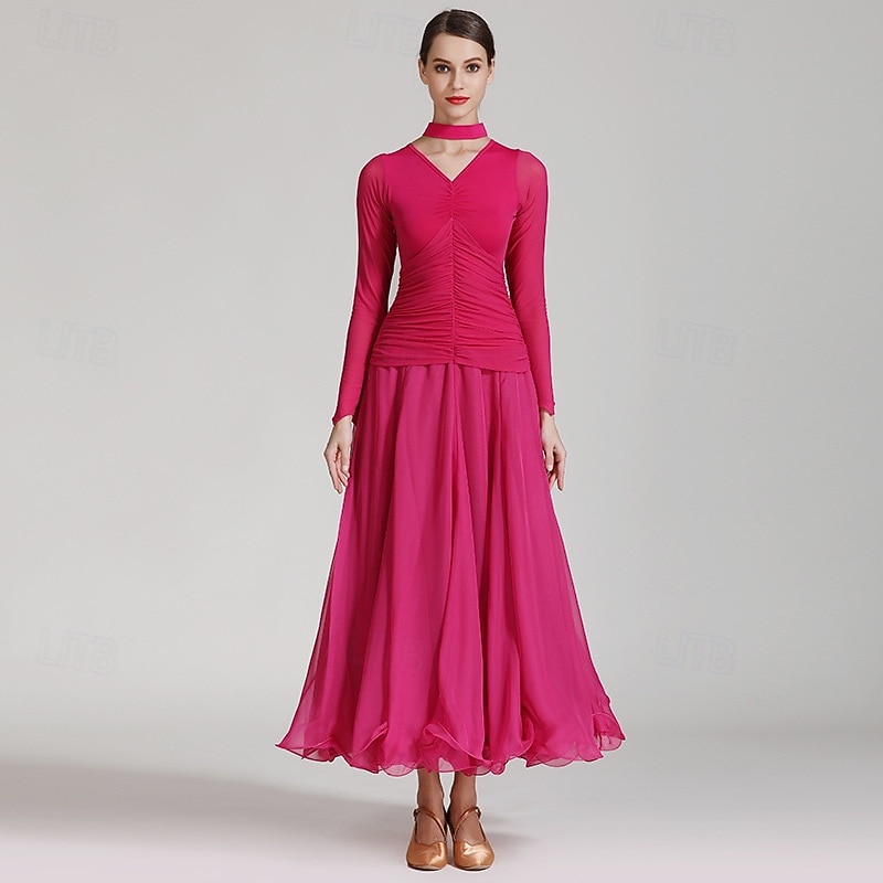 Vestido de baile de salón rojo para mujer, cuello en V, cintura fruncida, manga larga, vestido de vals, traje de competición estándar moderno. 2026 - $123.99 –P9