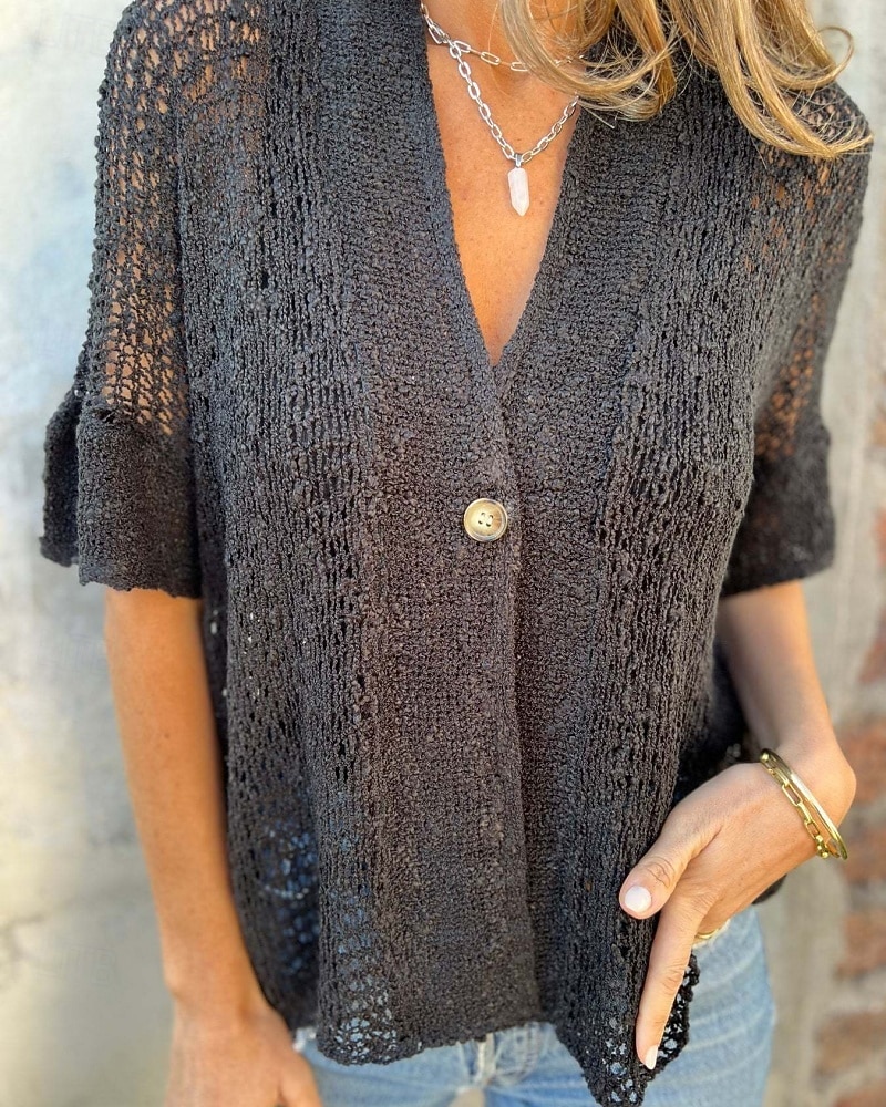 Per donna Camicia Blusa Traforato Semplice Vintage Elegante Manica Corta Scollo a V Top Regolari Top corti Quotidiano Ferie Uscire Nero Bianco Rosa Marrone Verde Estate Primavera del 2026 a $36.99 –P3
