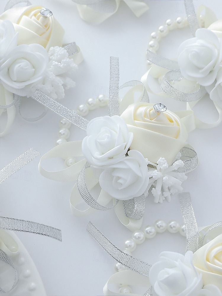 Ramillete de muñeca de rosas para mujer, flor de cinta de poliéster con pulsera elástica de perlas falsas, varios colores, accesorio elegante para damas de honor y novias para bodas, bailes de graduación y eventos formales. 2026 - $9.99 –P12