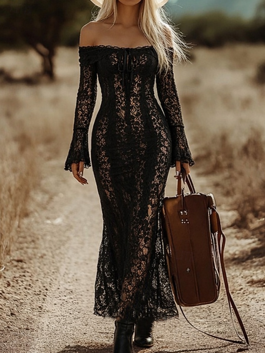 Pentru femei Rochie Maxi Rochie teacă Elegant Petrecere cocktail În aer liber Petrecere Invitat la nunta Dantelă Fit regulat Culoare solidă Manșon Lung De Pe Umăr Negru 2026 - $34.99 –P2