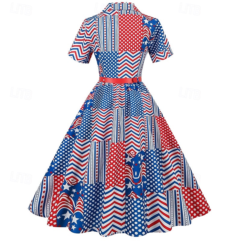 250e anniversaire des États-Unis Années 1950 Rétro Vintage Midi Robe Robe trapèze Robe Évasée Manches courtes Drapeau des États-Unis Ajusté & Évasé Balançoire Déguisement Femmes 4 Juillet Jour de de 2026 ? $34.99 –P2
