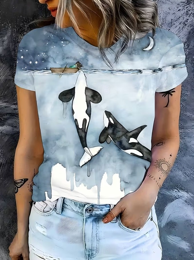 Mujer Camiseta Estampado Graphic Animal Vintage Elegante Clásico Manga Corta Cuello Barco Tops regulares Diario Fin de semana Azul Piscina Blanco Rosa Verano Primavera 2026 - $22.99 –P2