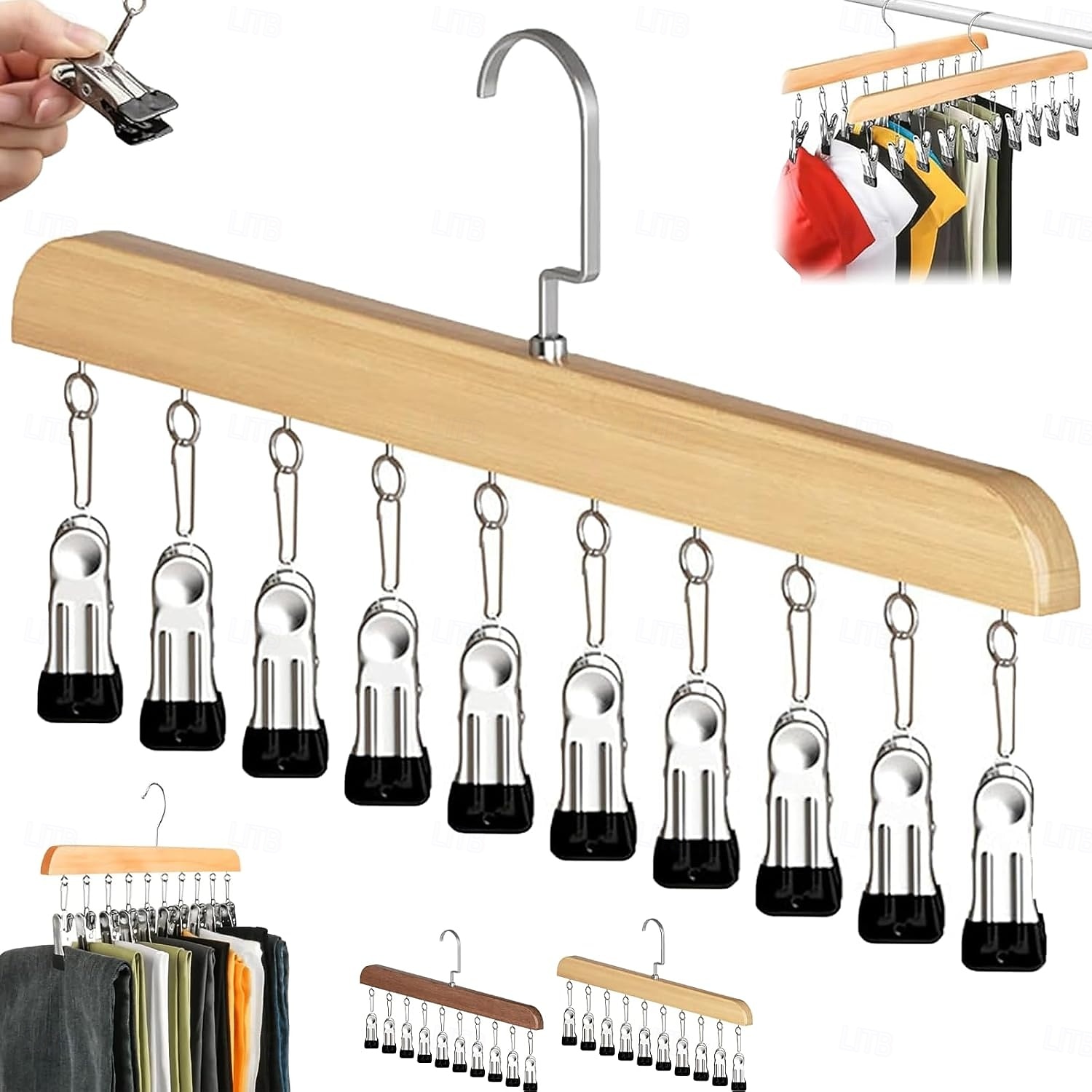 Organizator de dulap cu 10 cleme - organizator de dulap suspendat, economisitor de spațiu, cleme metalice rotative la 360° cu căptușeală din silicon, cârlige multifuncționale pentru umerașe din lemn 2026 - $8.99 –P1