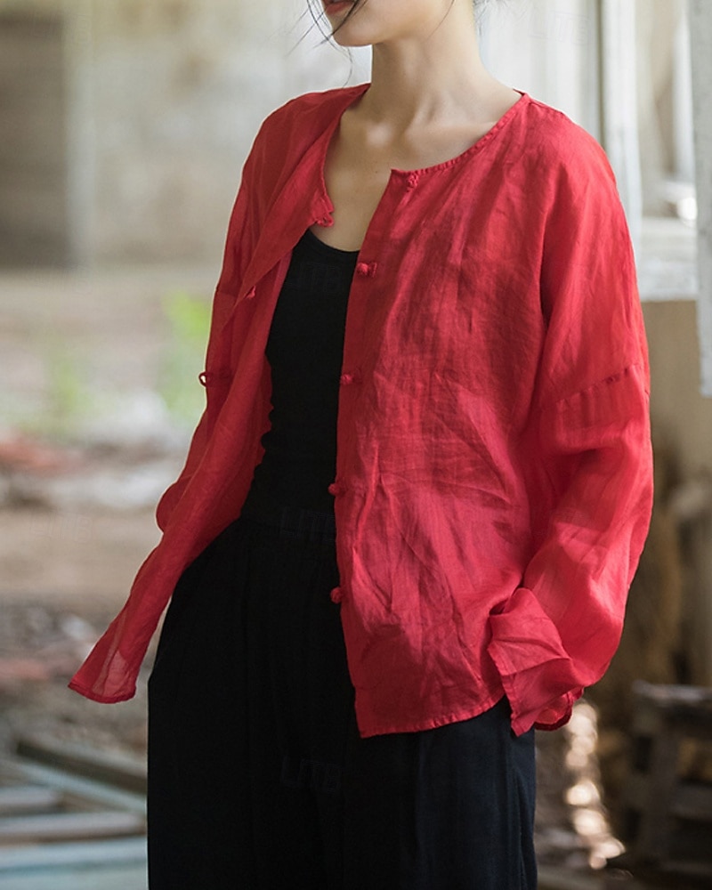 Camisa feminina 100% linho, blusa com botões, lisa, estilo vintage, manga longa, gola redonda, tops regulares para uso diário, férias, sair, nas cores preto, rosa, vermelho e verde, para verão e primavera. de 2026 por $45.99 –P12