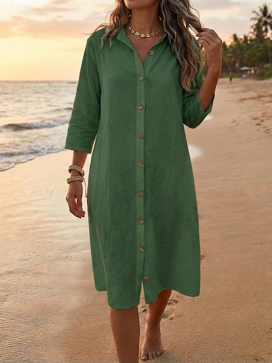 Per donna Abito al ginocchio Finto cotone e lino Abito Camicia Moda Moderno Quotidiano All'aperto Vacanza Vestibilità regolare Semplice Mezza Manica Colletto a Camicia Nero Bianco Verde Estate del 2026 a $22.99 –P2