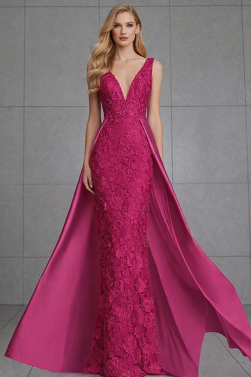 Sereia Longo Vestidos de noite Vestido de baile com sobressaia Vestido formal Elegante Sem Manga Decote V Casamento Formal Cetim Renda Sem parte Traseira com Bordado Apliques de 2026 por $205.89 –P5