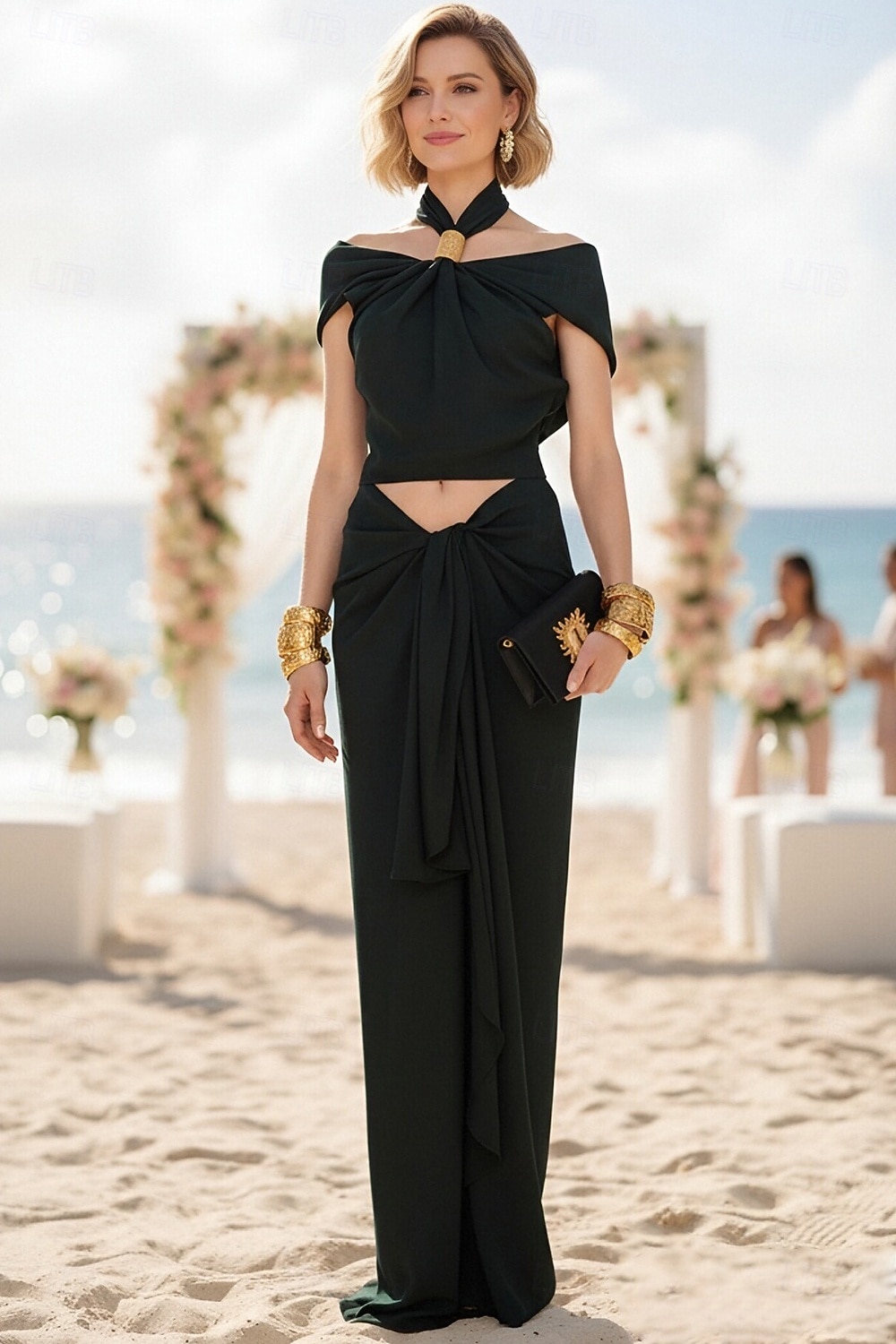 Two Piece Sheath Column Floor Length Wedding Guest Dress Wedding Guest Dresses Elegant Daily Cap Sleeve Halter Neck Garden Party Wedding with Ruched 2026 - $126.99 –P1