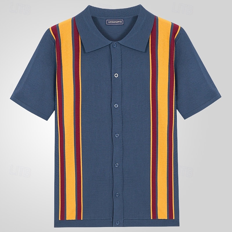 Bărbați Cămașă Cămașă casual Camașă cu nasturi Bleumarin Maro Manșon scurt Benzi verticale Guler Cămașă Casual Zilnic Îmbrăcăminte Elegant Modă Casual 2026 - $31.99 –P4