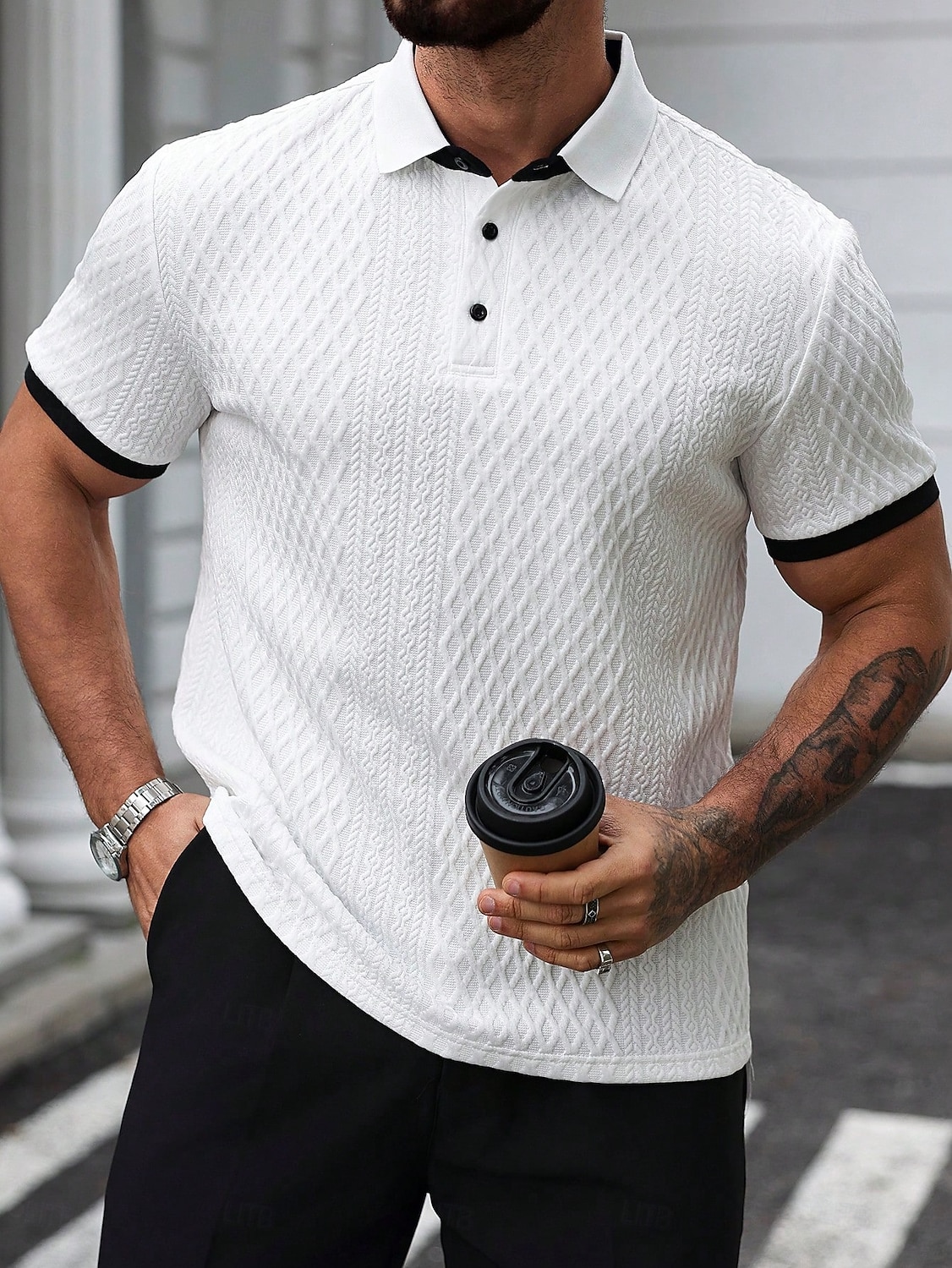 Herre Poloskjorter Med Tekstur Avslappet Virksomhet Ribbet polokrage Klassisk Kortermet Mote Grunnleggende Helfarge Jacquardvevnad Knapper Sommer Vår Vår & Vinter Normal Hvit Beige Poloskjorter 2026 - $25.99 –P1