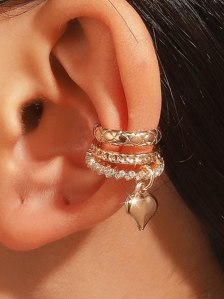 Verstelbare oormanchetten voor dames met hartjesmotief, gestapelde oorbellen van goud- en zilverkleurige legering, modieuze sieraden zonder gaatjes, perfect als Valentijnsdate of -cadeau. 2026 - $7.99 –P2