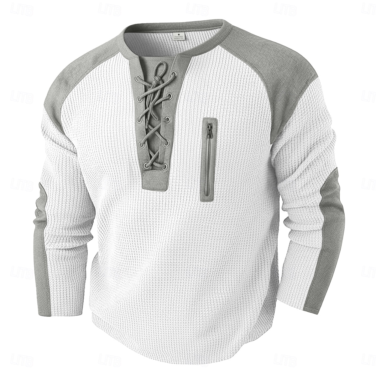 Hombre Camiseta con diseño de gofre Camiseta Manga Larga Escote Redondo cuello con cordones Otoño invierno Otoño Color sólido Bloque de color Tradicional / Retro Casual Correa Hogar Exterior Deporte 2026 - $24.99 –P7