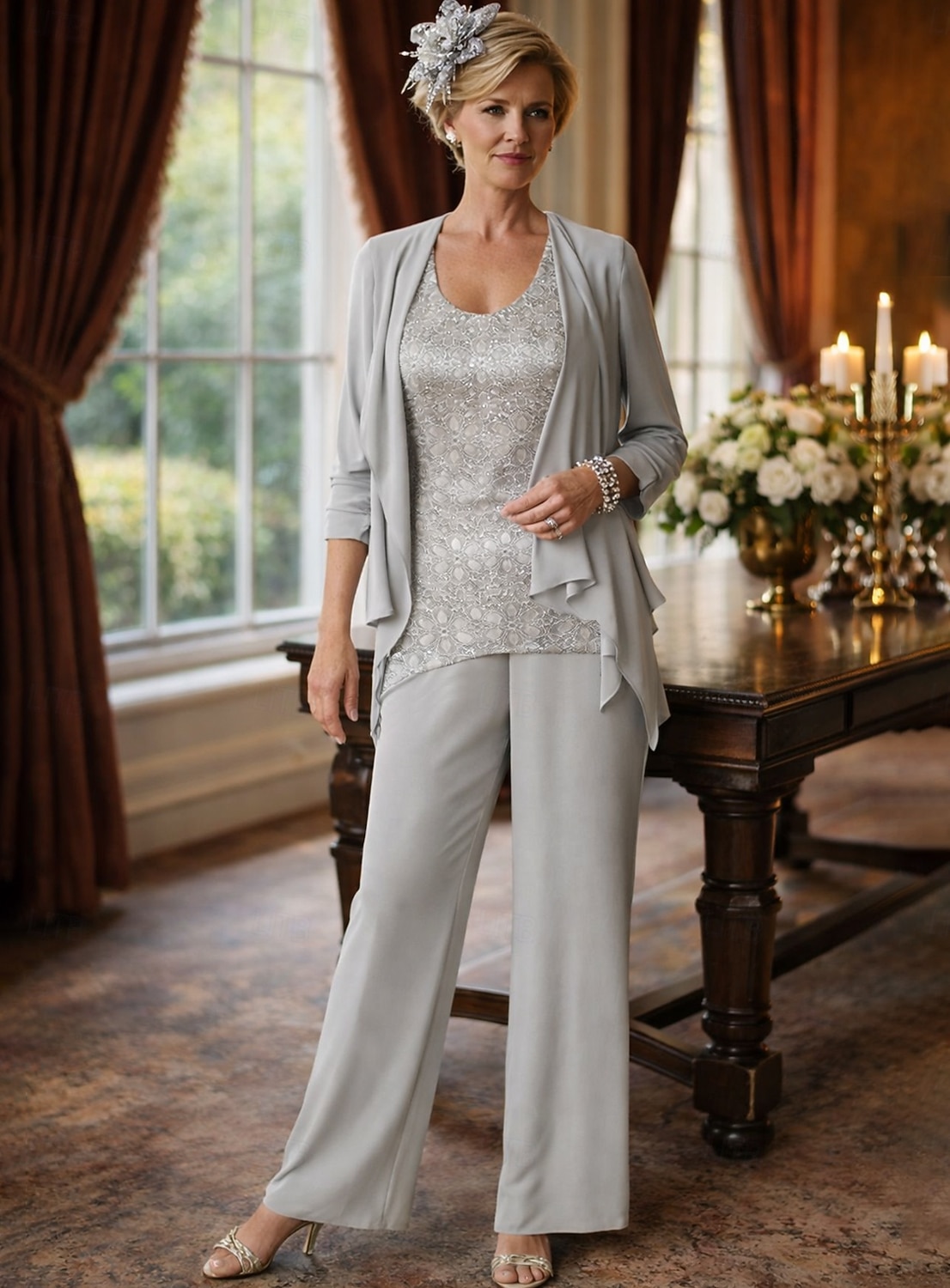 Jumpsuits Ankle Length Mother of the Bride Dress Long Sleeve Scoop Neck Elegant Wedding Guest Chiffon with Lace 2026 - $195.99 –P1