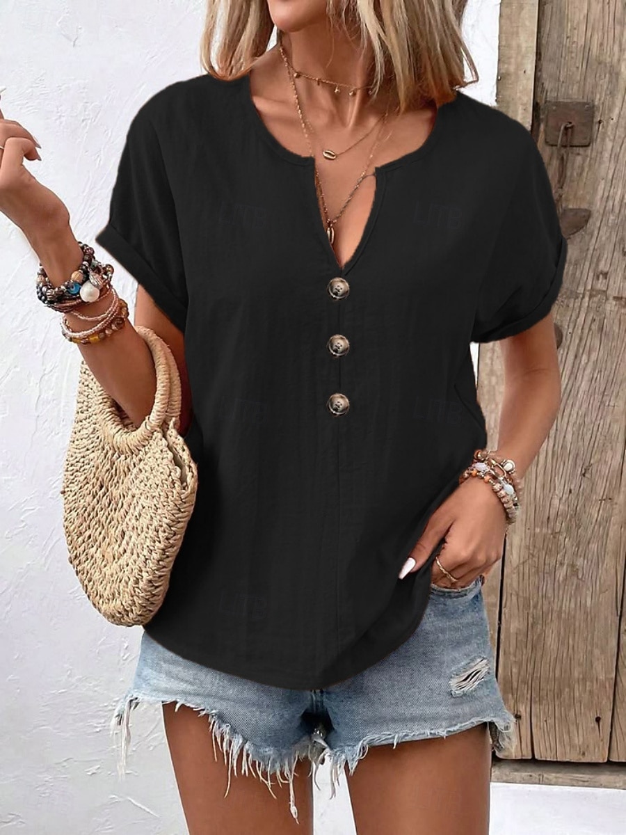 Mujer Camiseta Camiseta superior Botones del pecho Plano Moda Elegante Clásico Manga Corta Escote en Pico Tops regulares Diario Noche Fin de semana Negro Blanco Rojo Azul Marino Naranja Verano 2026 - $21.99 –P7
