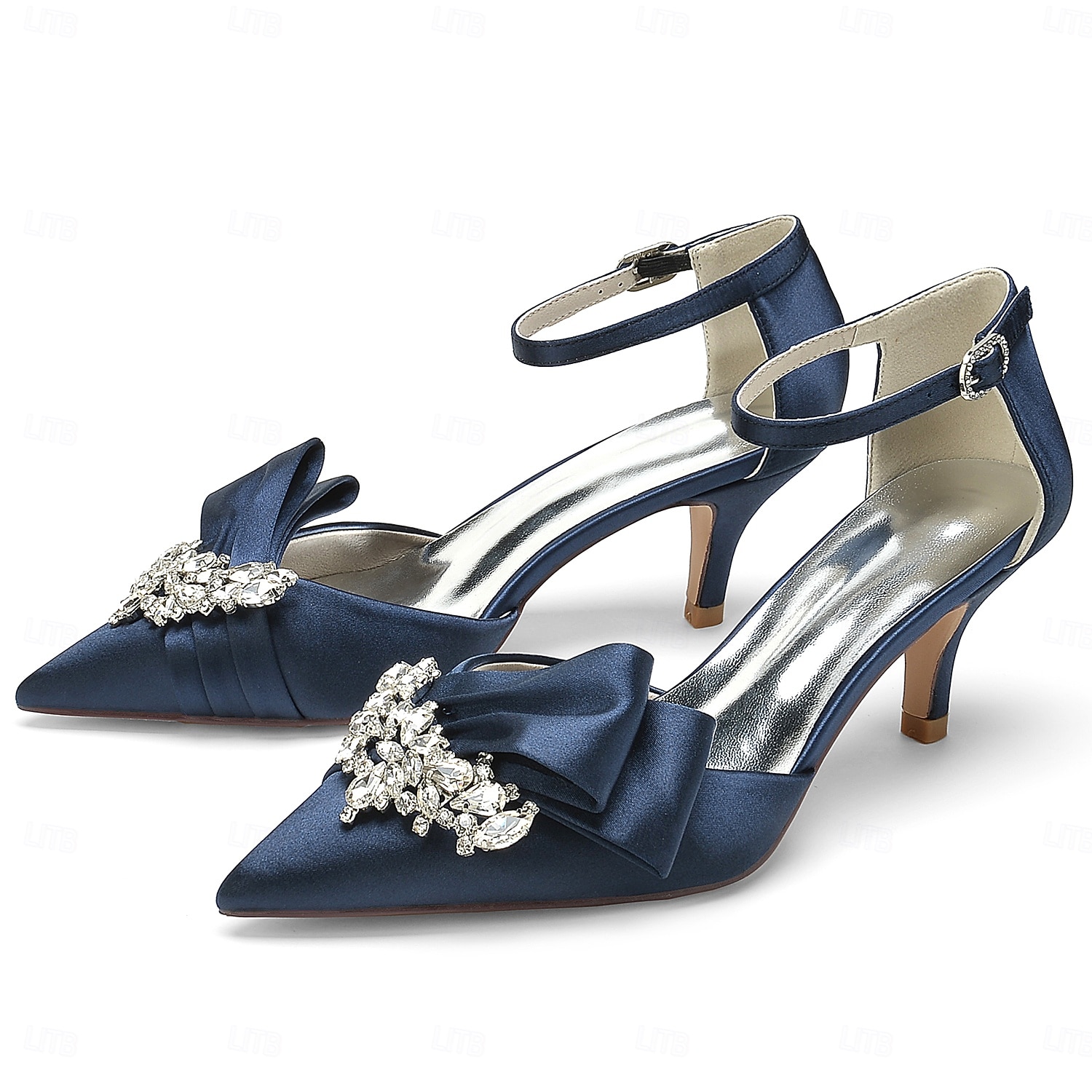 Elegantes zapatos de novia de satén con detalle de diamantes de imitación para mujer: punta puntiaguda, tacón bajo, tira al tobillo y varios colores. 2026 - $79.99 –P1