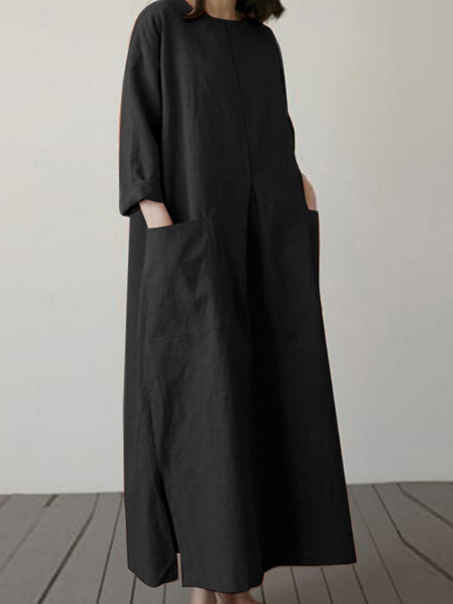 בגדי ריקוד נשים שמלת מיני פשתן כותנה דמוי עור שמלת שיפט יום יומי יומי מונח בצורה רפויה אחיד שרוול ארוך צווארון עגול קצר שחור כתום ירוק צבאי משמש קיץ אביב סתיו 2026 - $34.99 –P6