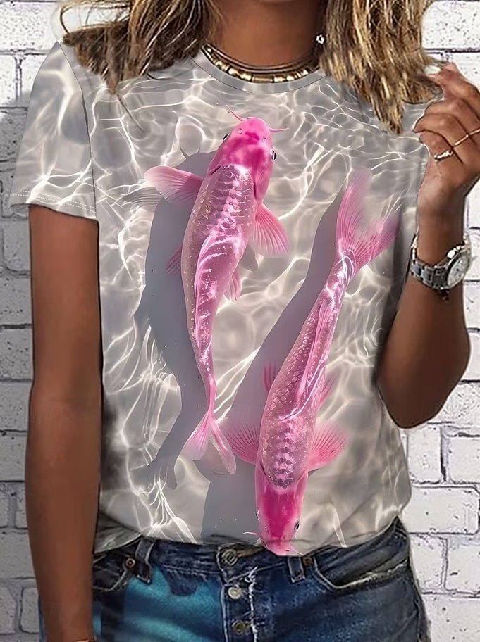 Mujer Camiseta Estampado Oceano Vintage Elegante Casual Manga Corta Cuello Barco Tops regulares Diario Azul Piscina Rosa Azul claro Verano Primavera 2026 - $22.99 –P4