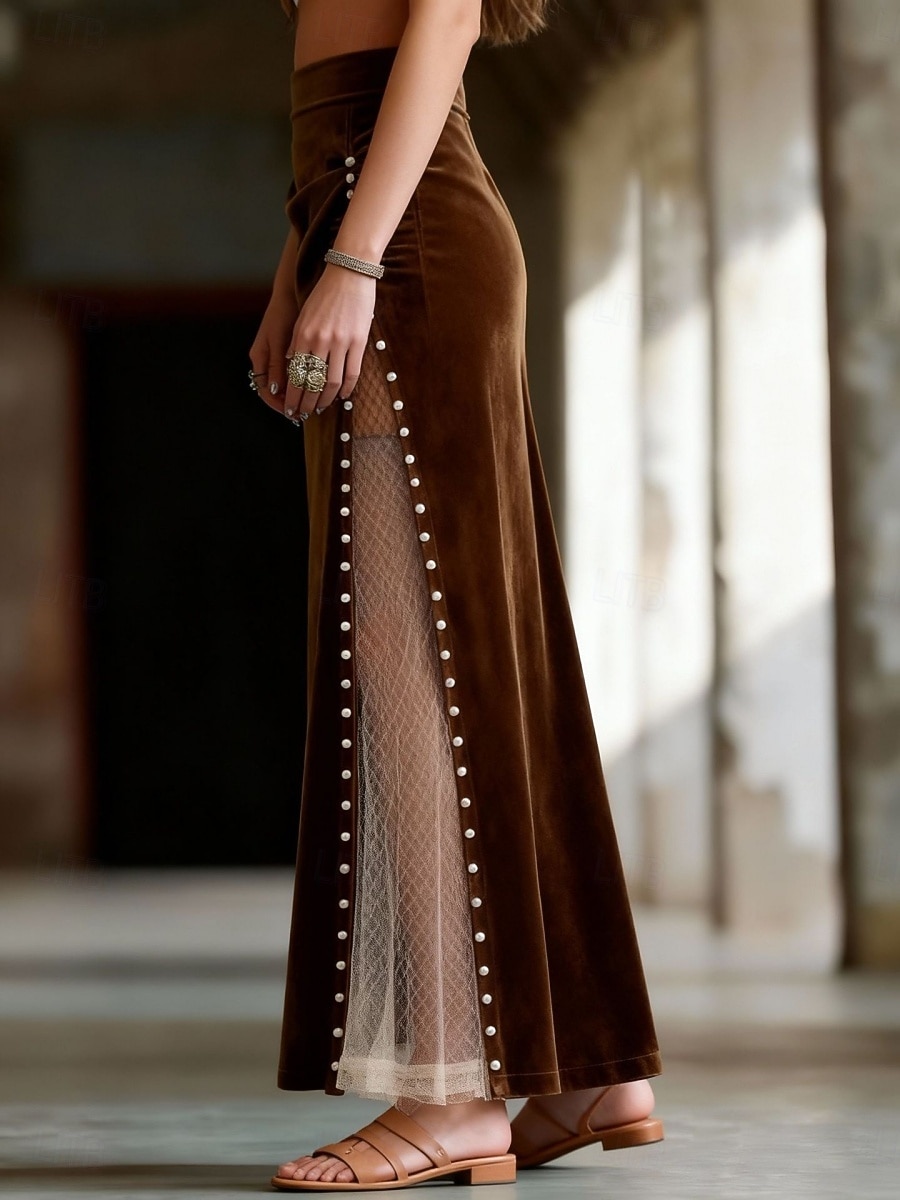 Women's Faux Suede Skirt Vintage Fashion Casual Maxi Mid Rise Skirts Color Block Mesh Inelastic Street Going out Brown Spring 2026 - $34.99 –P4