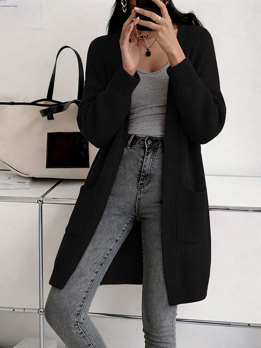 Жен. Вязаная ткань Кардиган Мода Уличный стиль На каждый день Чистый цвет Рельефный узор Открытый перед Карман Трикотаж Длинный рукав Длинные топы Вязать на открытом воздухе Повседневные выходные 2026 - $14.99 –P4