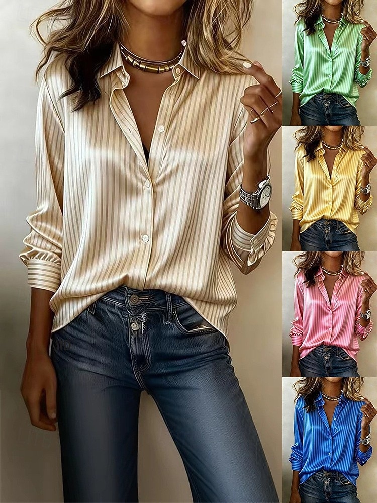 Per donna Camicia Bottoni Stampato Grafico A righe Elegante Moderno Casual Manica Lunga Colletto a Camicia Top Regolari Quotidiano Lavoro Blu Giallo Rosa Verde Beige Primavera Autunno Inverno del 2026 a $41.99 –P1