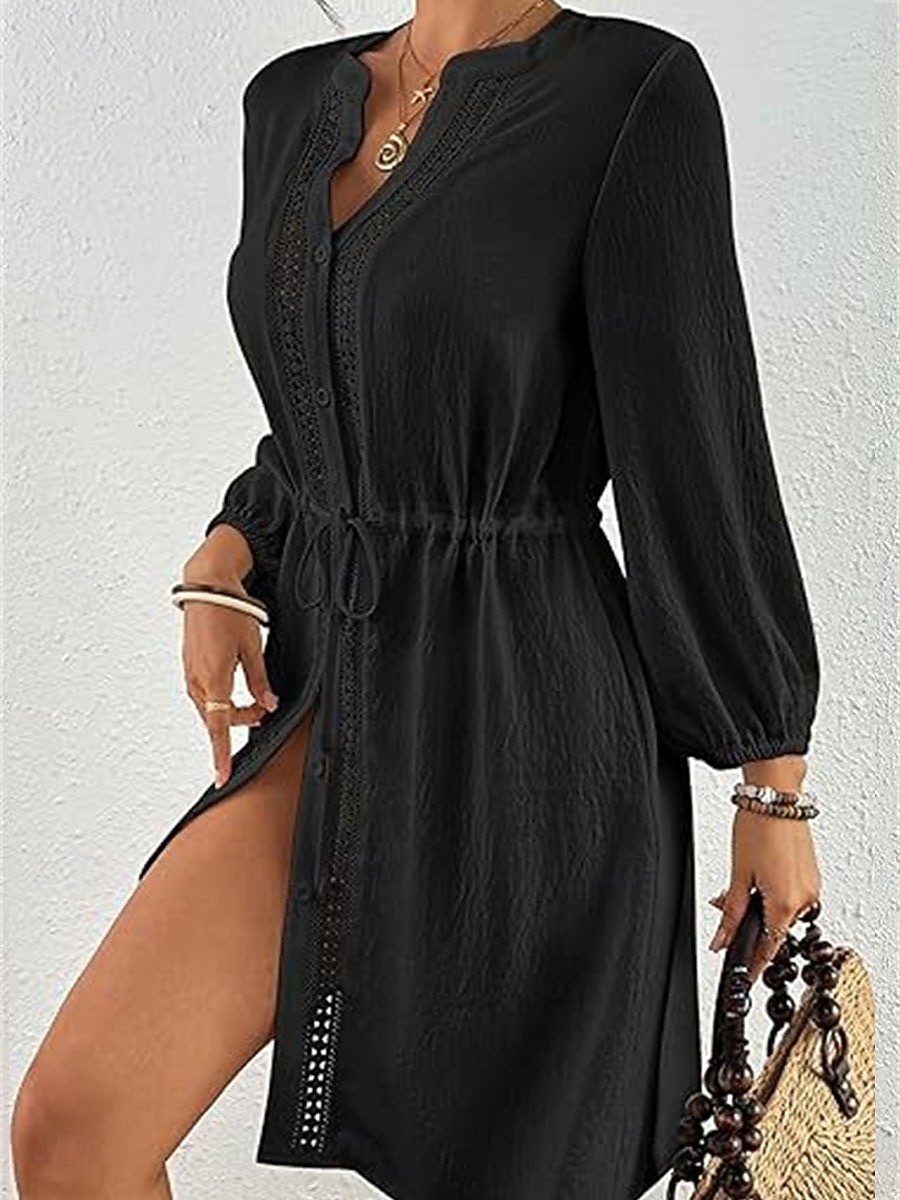Mujer Vestido hasta la Rodilla Vestido blanco vestido de playa Vestido negro Tapadera Elegante Moda Clásico Manga de la linterna Diario Exterior Playa Holgado Plano Manga Larga Escote Chino Negro 2026 - $32.99 –P6
