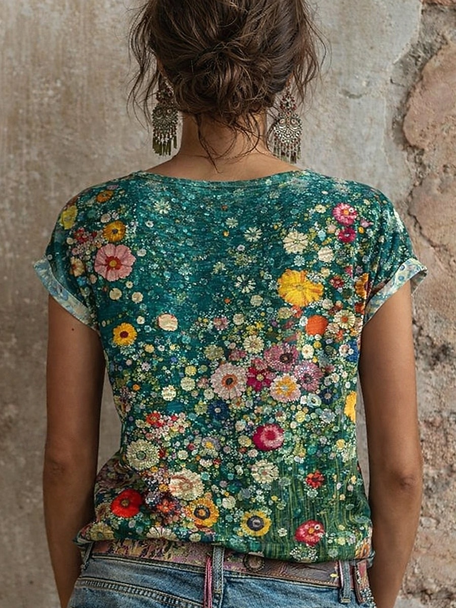 Damskie Podkoszulek Nadruk Kwiaty Graficzny Zabytkowe Elegancki Klasyczny Krótki rękaw W serek Zwykłe topy Codzienny jesion Czarny Jasnozielony Czerwony Zielony Lato Wiosna 2026 - $21.99 –P3