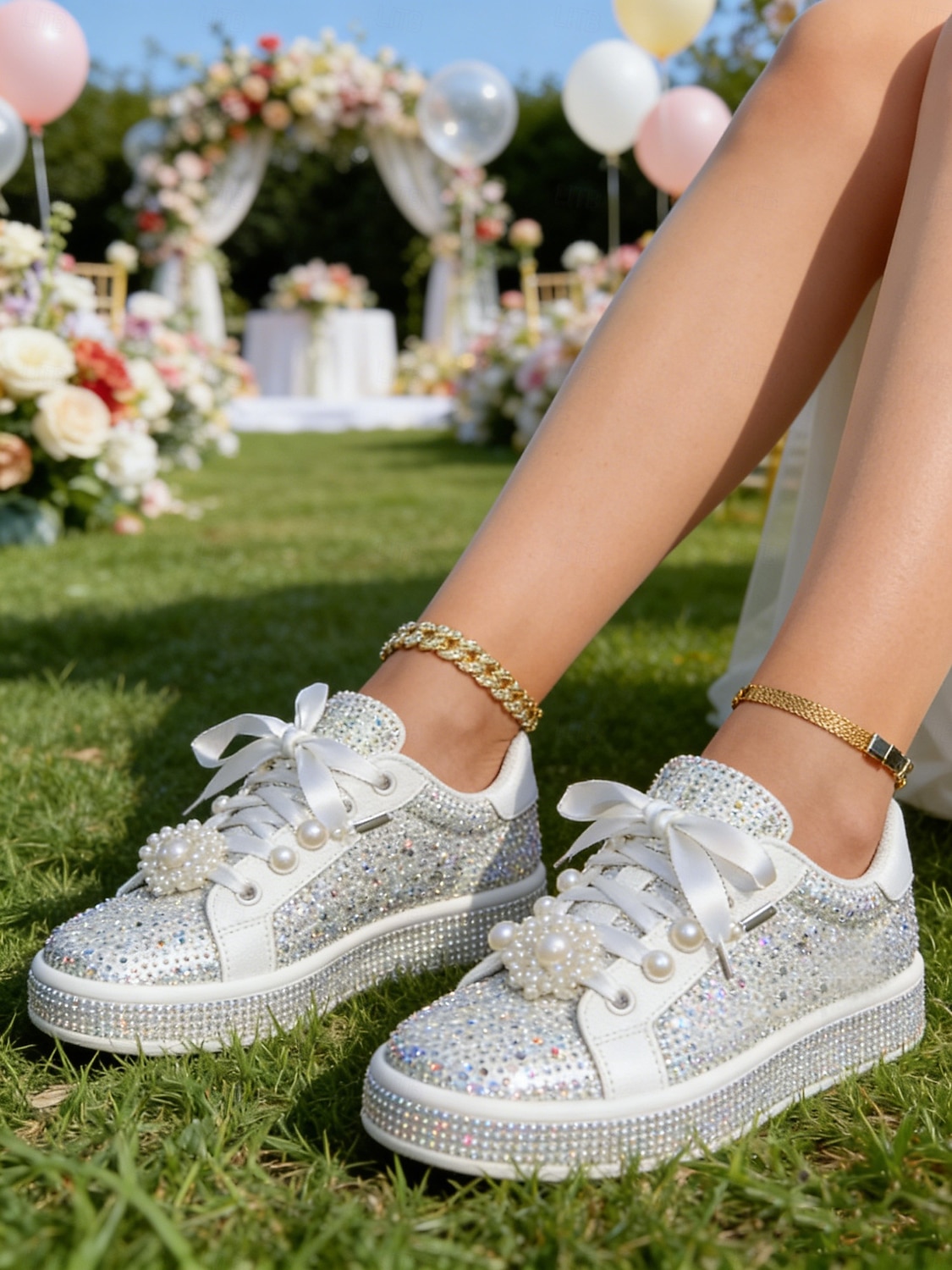 Baskets de mariée argentées à lacets et strass pour femme, chaussures de mariage confortables et scintillantes pour une cérémonie en extérieur dans un jardin. de 2026 ? $54.99 –P2