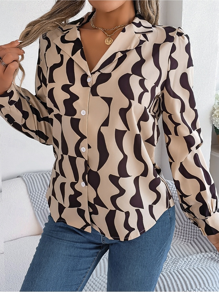 Жен. Рубашка Рубашка на пуговицах Повседневная рубашка Пуговицы Геометрический принт Стиль Классика Современное Длинный рукав Рубашечный воротник Обычные топы Повседневные Офис Праздники 2026 - BHD 11.1 –P7