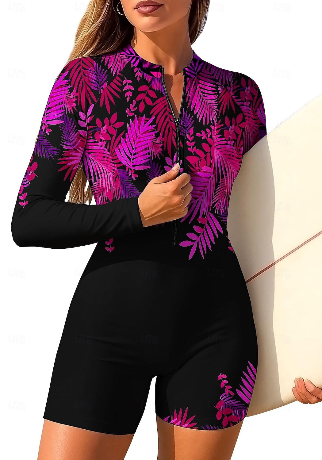 2026年 女性用 ラッシュガード ワンピースサーフィンスーツ 水着 フラワー トロピカル風 カラーブロッキング ジッパーを閉める 内蔵ブラ付き 取り外し式パッド UVサンプロテクション UPF50+ 超軽量(UL) 長袖 スイムウェア ラッシュガード サーフィン ビーチ ウォータースポーツ 夏  コレクション – $35.99 –P9