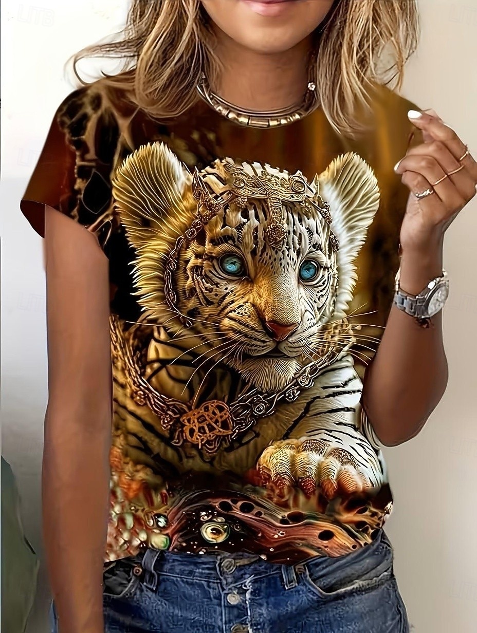 Per donna Maglietta Stampato Grafico Animale Vintage Elegante Classico Manica Corta Girocollo Top Regolari Quotidiano Weekend Nero Bianco Oro Estate Primavera Autunno del 2026 a $22.99 –P1