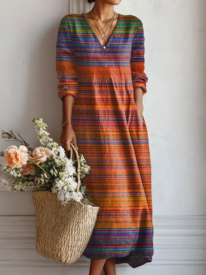 Γυναικείο Midi Φόρεμα Λινό Όπως Αναπνεύσιμο Ελαφρύ Καλοκαιρινό Φόρεμα Shift Casual Πάρτι Διακοπές Χαλαρή Εφαρμογή Γεωμετρικό Μακρύ Μανίκι V Λαιμός Κίτρινο Ροζ Ανοιχτό Καφέ Καλοκαίρι Άνοιξη 2026 - $41.99 –P5