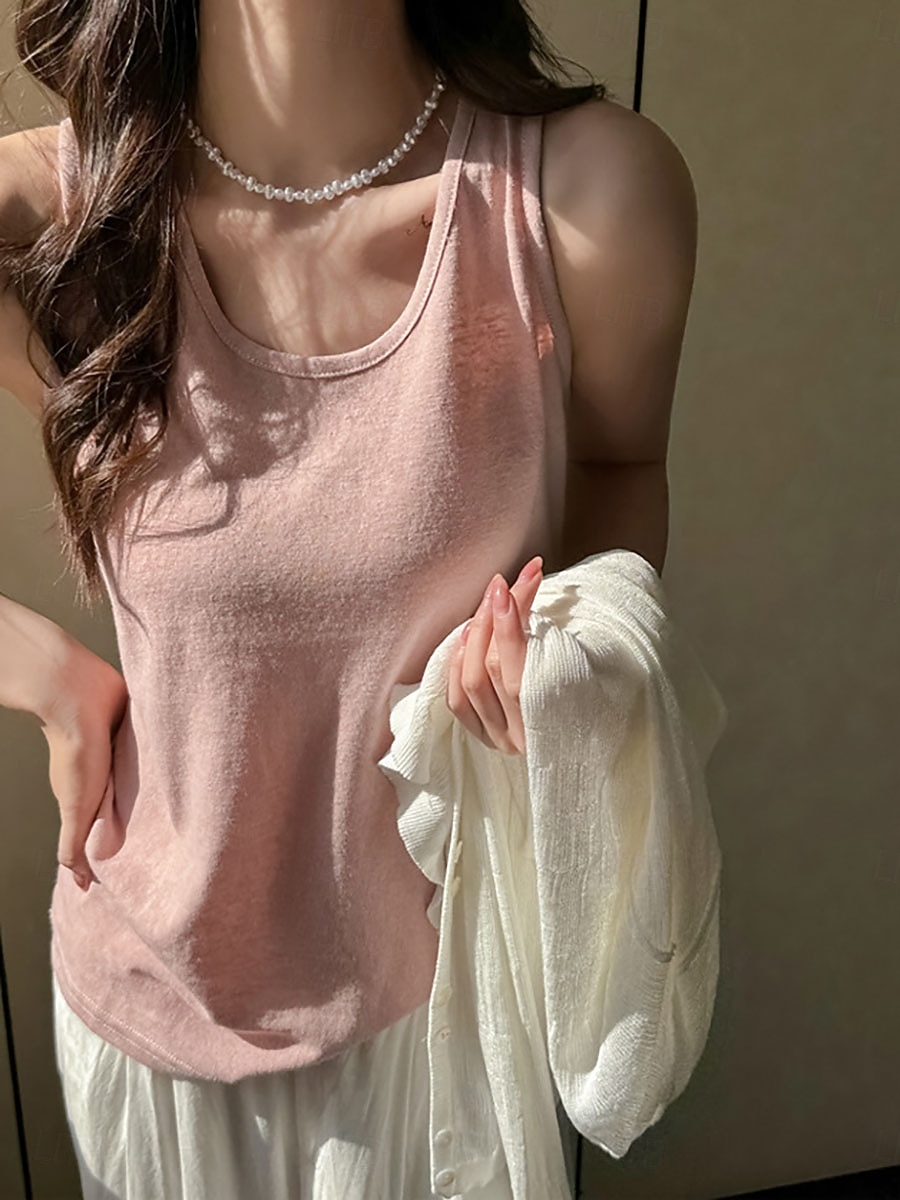 Dam T-shirt Blus Lappverk Ensfärgat Mode Modern Ledigt Ärmlös Rund hals Vanliga toppar Dagligen Utekväll Helgen Svart Vit Gul Rodnande Rosa Aprikos Sommar Vår 2026 - $11.49 –P5