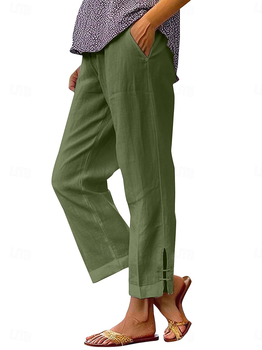 Dam Byxor av linne i bomull Kinesiska Semester Streetwear Grundläggande Fullängd Medium Midja Slät Ficka Elastisk midja Bekväm Komfort Oelastisk Dagligen Utomhus Semester Grå Svart Vit Armégrön 2026 - AU $15.84 –P5