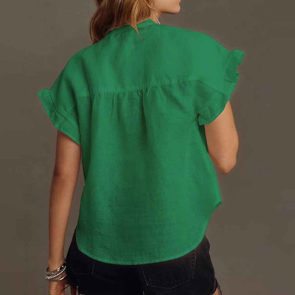 Women's Linen Like Faux Cotton Linen Shirt Casual Shirt Button Up Shirt Ruched Ruffle Buttons Solid Color Plain Daily Stylish Casual Short Sleeve Stand Collar  Holiday Beach Wear Vacation Wear 2026 - $29.99 –P6