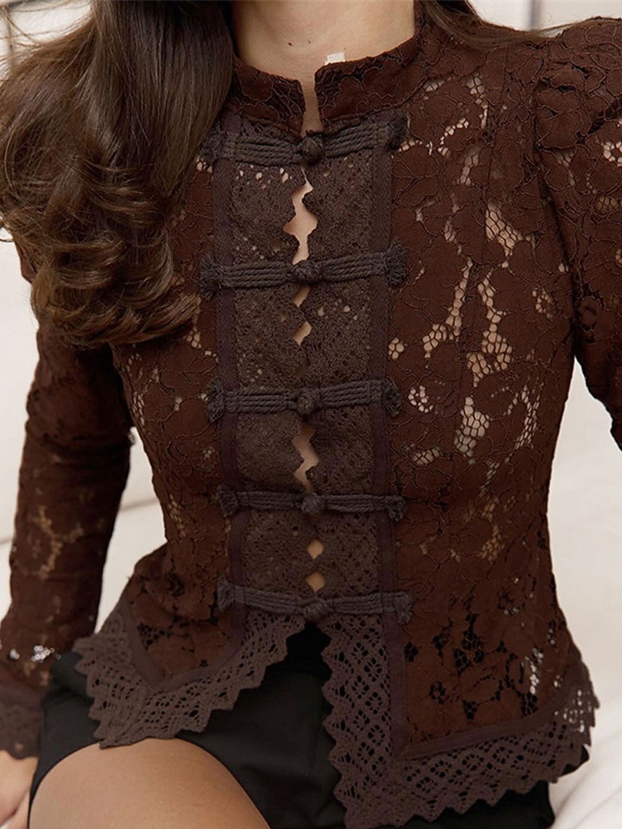 Per donna Camicia Camicia di Pizzo Blusa Pizzo Patchwork Bottoni Semplice Elegante Vintage Quotidiano Manica Lunga Manica a Palloncino Collo Alto Top Regolari Quotidiano Lavoro Ferie Nero Bianco del 2026 a $46.99 –P6