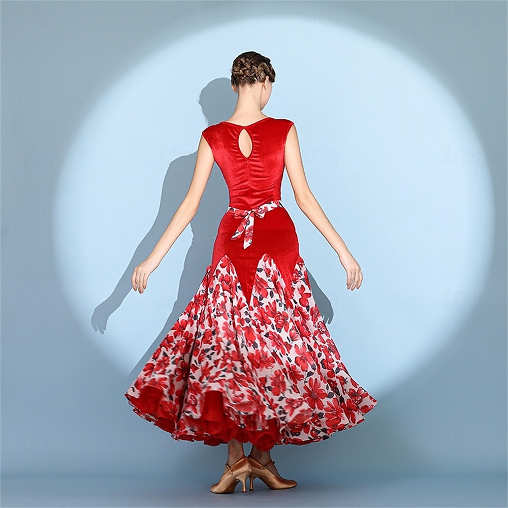 Robe de bal rouge en velours pour femme, sans manches, à imprimé floral, jupe ample, style valse, tango, moderne, standard, compétition. de 2026 ? $154.99 –P2