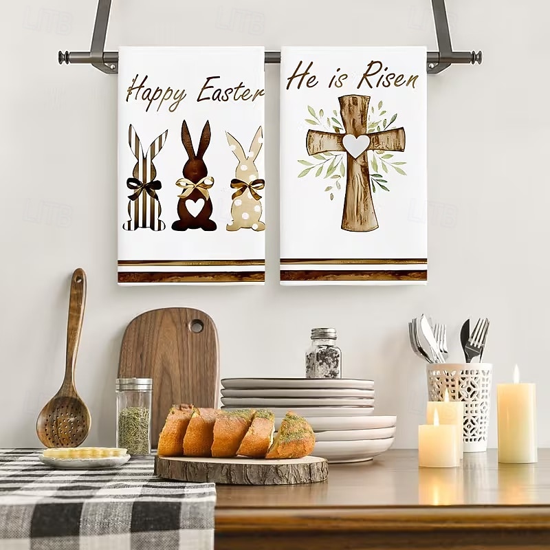 2 stk. kjøkkenhåndklær med påskehare-trykk, vaskbare vårhåndklær med påskehare &eggmønstre, moderne gårdshus rektangulære oppvaskkluter egnet for vårsesongdekorasjonsgave 2026 - $9.99 –P9
