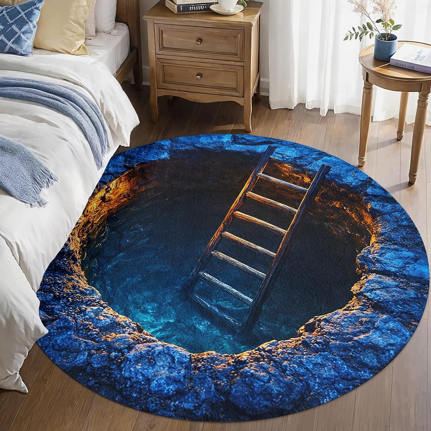 Area Rug 2d Round Area Rug 3D Optical Illusion 2D Flat Print Deep Hole with Wooden ...