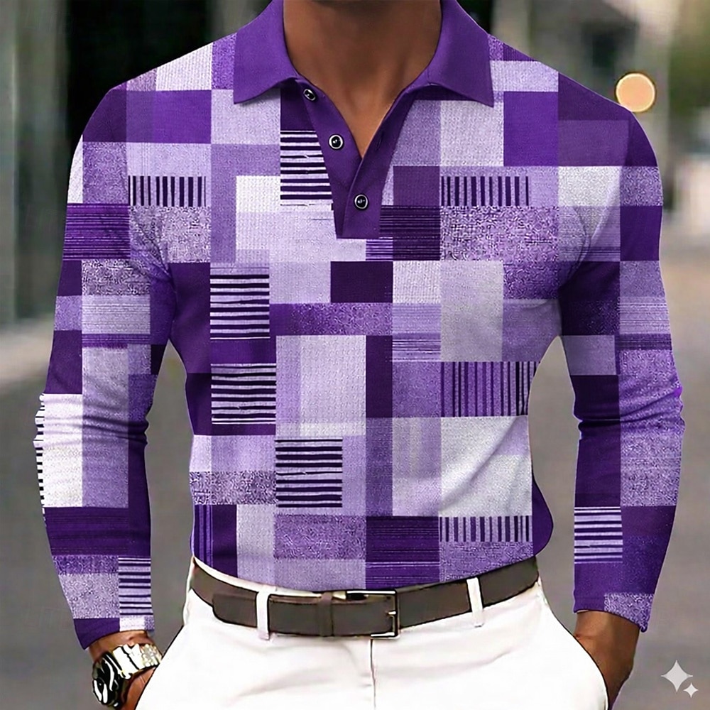 Men's Color Block Geometic Waffle Polo Shirts Long Sleeve Polo Shirts Collared Shirts Business Casual Business Wear to work Daily Wear Buttons Spring Fall Blue Black Navy Blue 2026 - $28.99 –P3