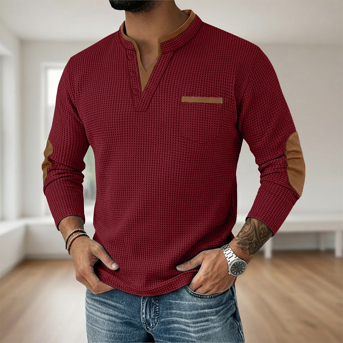 Miesten Vohveli tee Vohveli Henley-paita Pitkähihainen V kaula-aukko Henley Syksy 봄 & Syksy Yhtenäinen väri Muoti Perus Vapaa-aika väärennetty kaksiosainen Kausaliteetti Katu Urheilu Vaalean sininen 2026 - $25.99 –P17