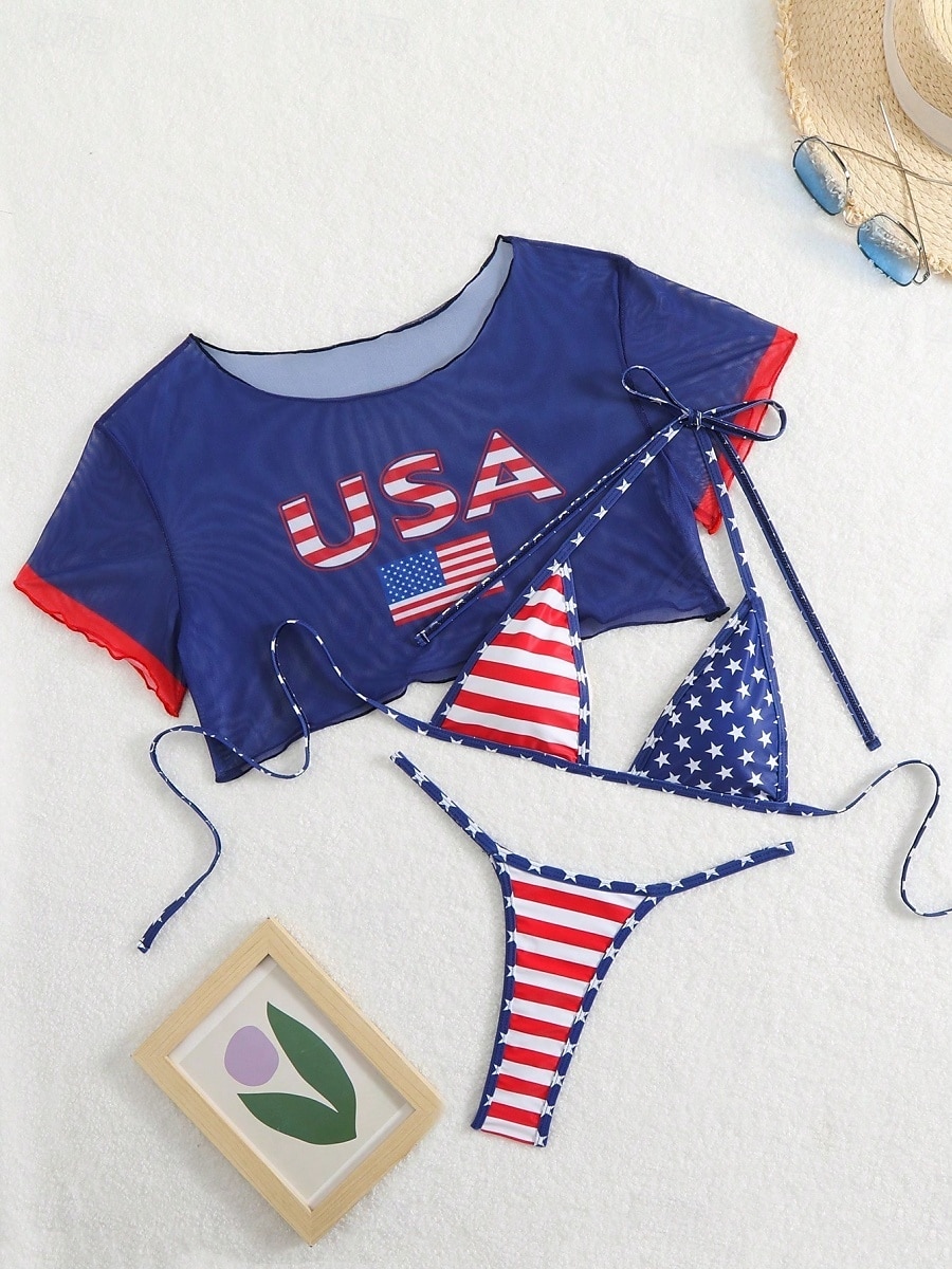 בגדי ריקוד נשים בגדי ים ביקיני שלוש חלקים חוטיני בגד ים רזה גב חשוף חופשה בגדי חוף אותיות צווארון עגול ללא שרוולים שרוול קצר בגדי ים 2026 - $22.99 –P2