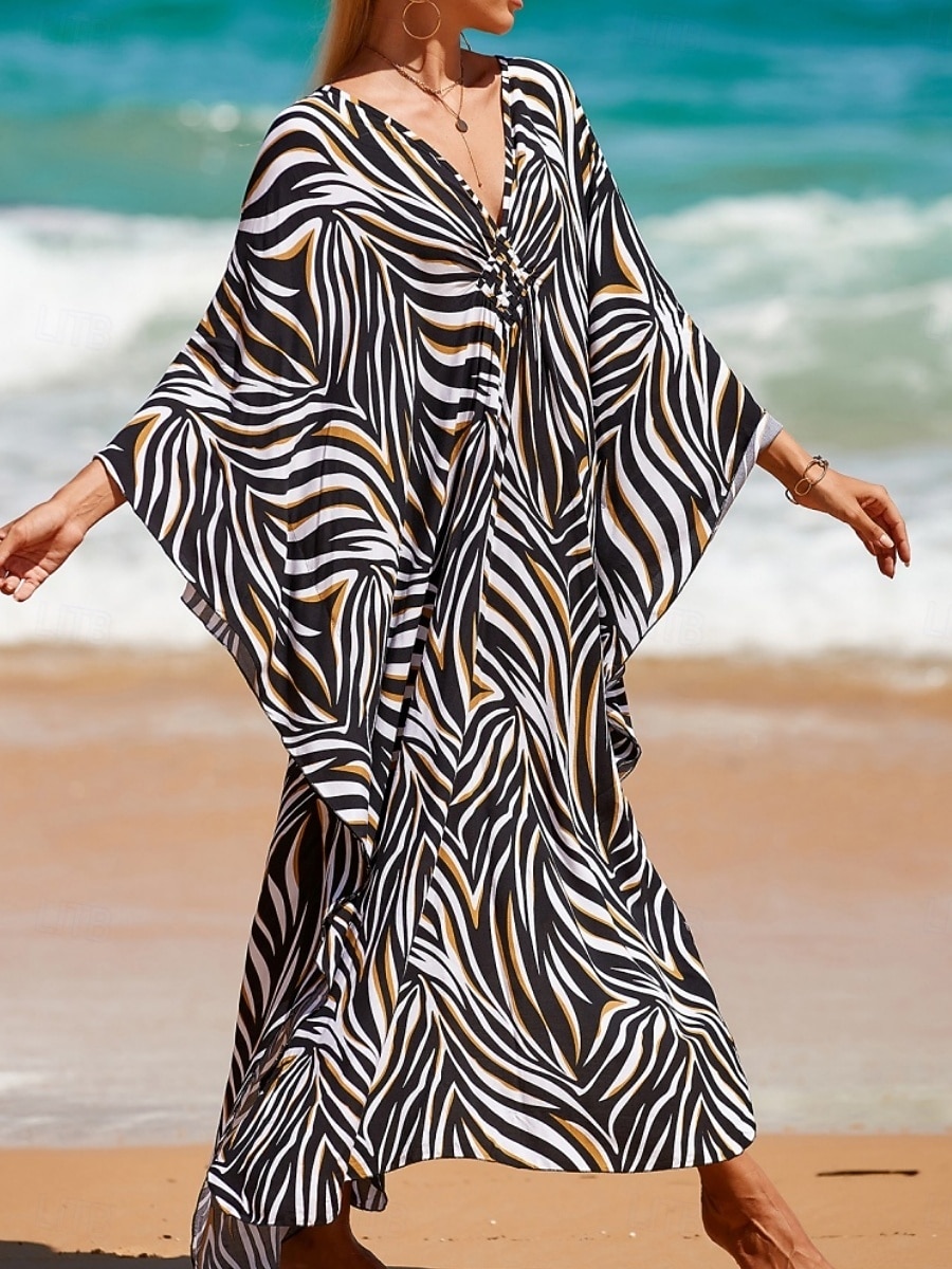 Damskie Sukienka maxi sukienka plażowa Codzienne sukienki Sukienka Boho Cover Up Elegancja Moda Nowoczesny Na zewnątrz Plaża Urlop Luźna Prążki Krótki rękaw W serek Niebieski Czarny Biały Rumiany róż 2026 - $32.99 –P16