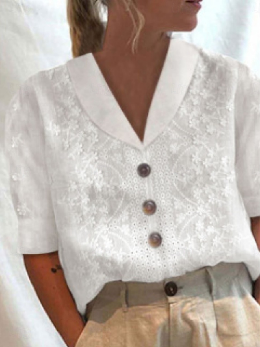 Dame Sommerskjorte Uformell skjorte Bluse Blonde Lapper Knapper Helfarge Elegant Stilfull Fritid Kortermet Aftæpning Vanlige topper Daglig utendørs Ferie Hvit Sommer Vår 2026 - $39.99 –P1