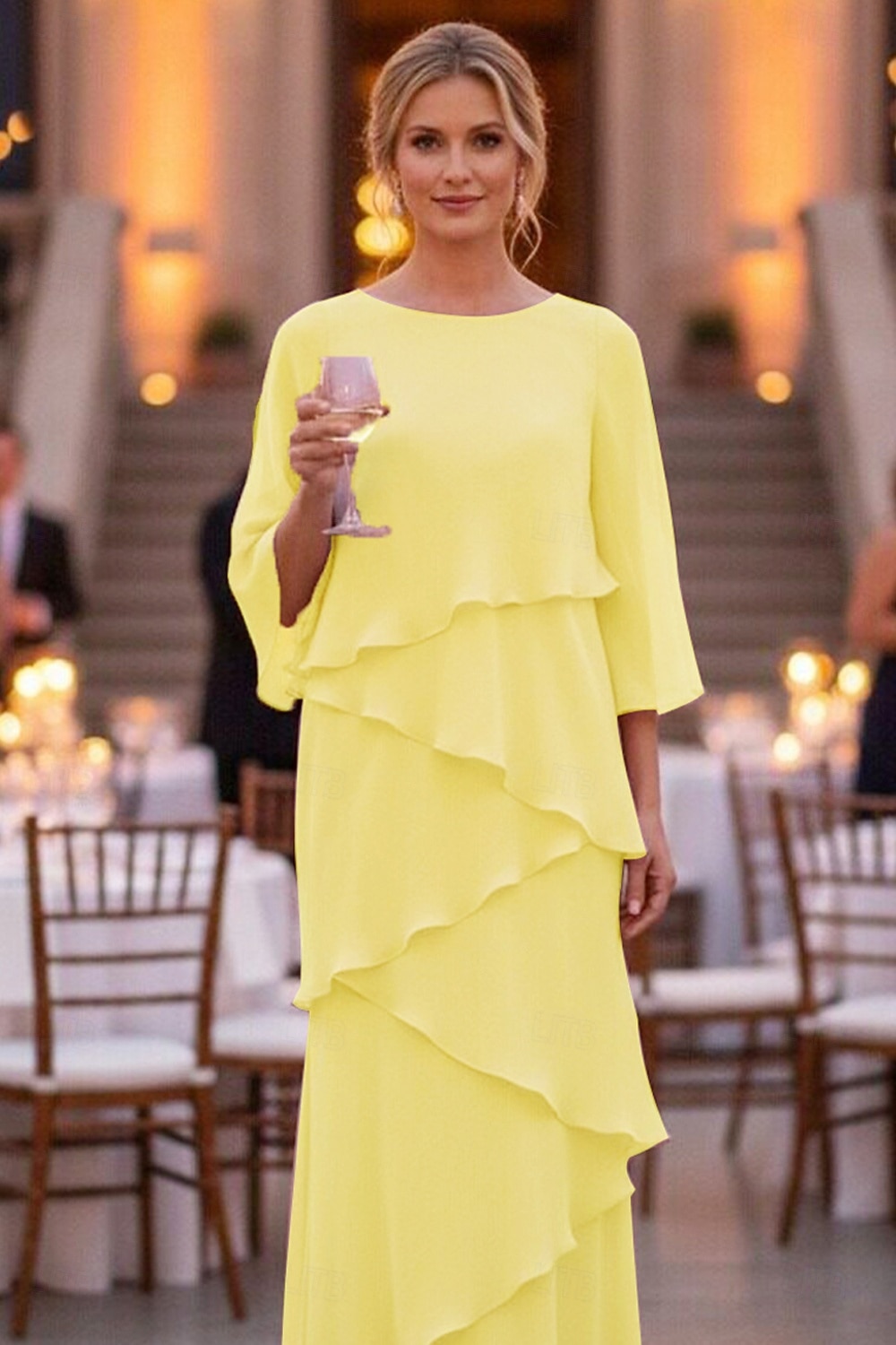 Schlauchkleid Bodenlang Kleid für Hochzeitsgäste Abendkleid Brautmutterkleid Dreiviertelarm Rundhalsausschnitt Elegant Formell Chiffon mit Rüschen 2026 - $89.99 –P4